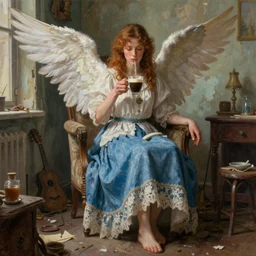 portrait painting of angel wearing a skirt drinks coffee in a shabby room by peter mohrbacher, irakli nadar, bright colors, octopath traveler, peter mohrbacher, unreal engine 5 highly rendered, global illumination, 9 radiant light, detailed and intricate environment