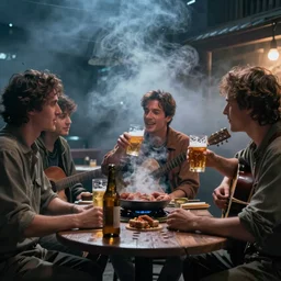 group of 3 man chating,drinking beer and cook barbeq, while one play guitar by Greg Rutkowski, Thomas Kincade detailed 8k cinematic, fog, night, 8k, very detail, sharp