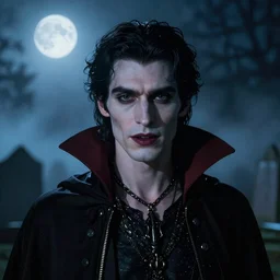 portrait brunette vampire, Captivating, regal, high society, New Tales of the Vampires character, Highgate cemetery, face centred, fog, volumetric lighting, beautiful, night time, blueish moonlight, sharp focus, ultra detailed, cgsociety