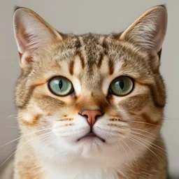 realistic photo portrait of a cat cosplaying as a human, cat with human face, human eyes, human lips, cat's face?