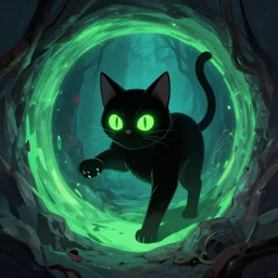 black cat with glowing green eyes opening a magic portal to a demon realm, digital illustration, artstation, artstation hq, hd