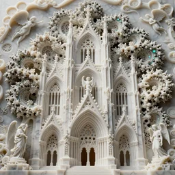 a beautiful 3 d painting of a sprawling intricate cathedral populated by mandelbrot fractals by android jones, carved soap, white color scheme, unreal engine, volumetric lighting, dynamic lighting, dramatic lighting, high contrast, depth of field, carved marble, opalescent, sacred geometry, religious, angelic, catholicpunk, stark, trending on artstation
