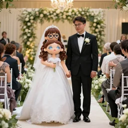 wedding ceremony between nerd and blow - up girl doll
