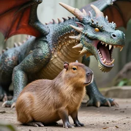 a small capybara sits in front of a huge dragon that growls at it, ray tracing, octane render, digital art, realistic, high quality, 8 k