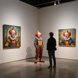clown gallery, photo of clowns in an art gallery looking at artwork of clowns