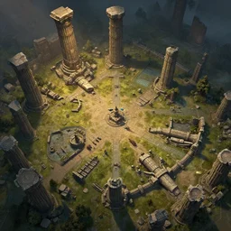 RPG battlemap of a field surrounding the ruins of a fallen stone titan, Greg Rutkowski, dramatic lighting, overhead, beautiful lighting, stone colossus remains