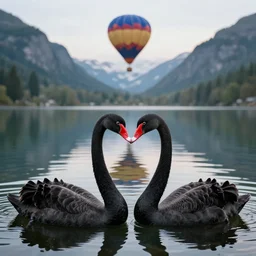Photorealistic photo of two black swans swimming in a mountain lake, touching heads, forming a heart with their necks, hot air balloon flying above a reflective mountain lake, 8k highly professionally detailed, HDR, CGsociety