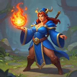 Who : a mage with a blue robe casting a fire ball ; Body type : voluptious perfect ; IMPORTANT : Hearthstone official splash art, award winning, trending