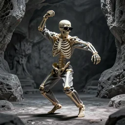 a skeleton in sunglasses dancing, artistic photography, f stop, iso, gray dungeon background, very realistic
