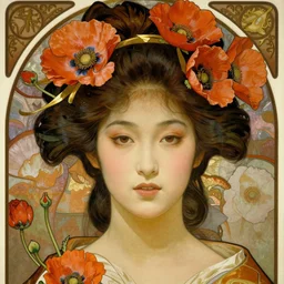 realistic detailed face portrait of a beautiful young geisha with poppies in her elaborate hair by alphonse mucha, ayami kojima, amano, greg hildebrandt, and mark brooks, art nouveau, neo - gothic, gothic