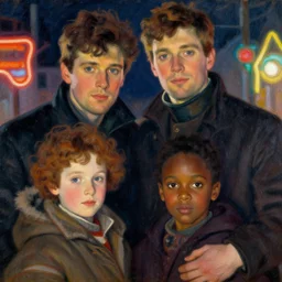 winter, family, colin farrell with ruth negga, neon light, detailed faces, painting by gaston bussiere, craig mullins, j. c. leyendecker