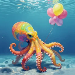 rainbow octopus caught balloon animal under water. art by warhol