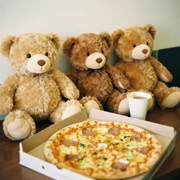Teddy bears waiting for their pizza, 35mm photography