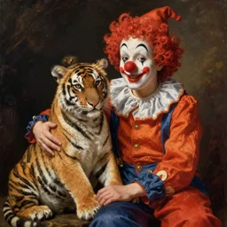 a midget clown with his arm around a young boy, who has a tiger cub on his lap in the style of george stubbs