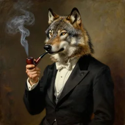 a portrait painting of an aristocratic wolf!!!!!!!!!!! wearing a tuxedo and smoking an old pipe, by arthur rackham, trending on cgsociety, moody cinematic lighting, ( ( ( ( human ) ) ) )