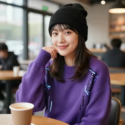 young adult asian woman in a coffee shop wearing a beanie and a purple cyberpunk sweater with led light elements smiling, natural light, magazine photo, 5 0 mm