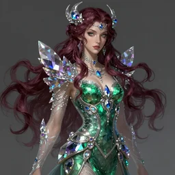 triss merigold, iridescent diaphanous refractive and reflective crystal crystalline pearly, burgundy and emerald and amethyst and blue topaz colors, fantasy, intricate, elegant, highly detailed, digital painting, artstation, concept art, matte, sharp focus, illustration, hearthstone, art by artgerm and greg rutkowski and alphonse mucha