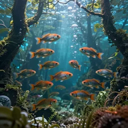Fish swimming in an underwater forest, trees, overgrown, air bubbles, vibrant, 8K, HD, detailed, Octane Render, trending on ArtStation