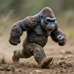 action photography, long shot, award winning macro photo of a tiny ultra detailed muddy king kong running fast in mud, dirt and dust, fast shutter speed, motion blur, tiny gaussian blur, highly detailed, highly intricate, depth of field, national geographic