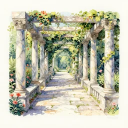 isomeric view, delicate marble in a botanic garden, stony road, on a botanical herbarium paper, watercolor colored painting, iridescent colors, 8 k, realistic shaded, fine details, artstation, italian style, colonnade, vines, flowers, gardena architecture, pompeii
