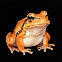 orange frog, black background, digital watercolor