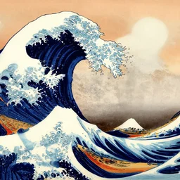 colorful abstract epic The Great Wave off Kanagawa, ornate, intricate details by james jean, hyperreal, photorealistic, crimson accent color