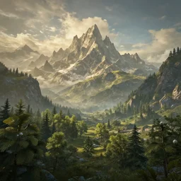 a brightly lit landscape, mountains and trees, majestic skies, lord of the rings, trending on artstation, featured on behance, well - rendered, extra crisp features, intricate detail, epic composition, in the style of unreal engine