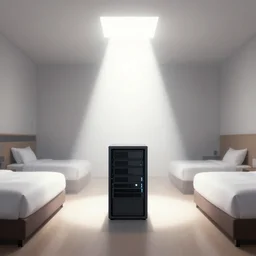 realistic illustration of a room, central perspective, liminal space hotel room with a isolated computer server in the center of the picture, white studio light, volumetric light, artstation, hiroaki samura, jiro matsumoto, o yusuke murata, unreal engine, octane render, sharp focus high quality 8 k