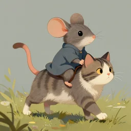 a heroic mouse, riding on the back of a prancing cat, illustration, digital painting, trending on artstation
