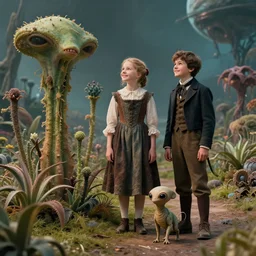 detailed, sharp, a girl and a boy standing next to some strange wild alien plants, looking happy, wearing 1860s era clothes, their small pet tiny alien creature is standing nearby, in a park on a strange alien planet, extremely highly detailed, award winning photograph, 4k, 35mm macro lens, cinematic lighting, sharp focus
