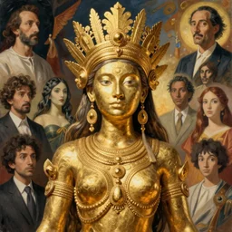 portrait of a Chibcha gold goddess by Kowalski and Heckel and Ríos and Rutkowski and Mucha and Brom and Miller and Botero and Dalí and El Greco and Gutiérrez and Miyazaki