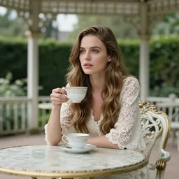 cinestill 5 0 d portrait of a dreamy beautiful woman britt marling 3 / 4 by roversi taking a tea sitting on a baroque table under a gazebo in a baroque garden, long hair, wearing lace, 3 5 mm lens, 8 k, elegant, highly detailed, pale mute matt, soft blur, artstation, sharp focus, head in focus