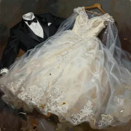 a messy painting of a tuxedo close - up, wedding dress laid on top, cinematic, artstation