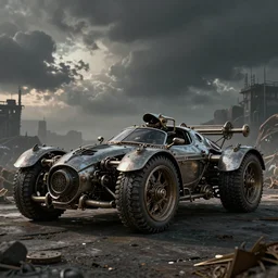 ultra realist 3d soft paint of a single gothic steampunk four wheel sport car fully armored, Fallout, symmetry accurate features, very intricate details, ominous sky, volumetric light clouds, post apocalyptic background