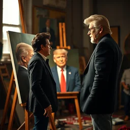 actor jim carrey, stands at a his easel, painting donald trump, soft focus, long exposure