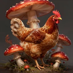 chickens growing out of red mushroom, highly detailed, illustration, sci - fi art, cyberpunk, in the style of greg rutkowski, epic, realistic, intricate, hyper detailed, artstation, concept art, smooth, sharp focus, ray tracing