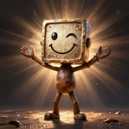 a smiling stick figure with a very large square face and arms and legs
