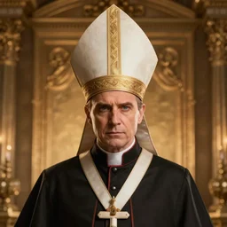 Marvel movie poster for a badass catholic bishop wearing a mitre hat