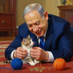 benjamin netanyahu smiling blushing while playing with a kitten on a carpet, lying on carpet, yarn ball, rich vivid colors, warm, sharp, highly detailed, digital painting
