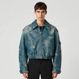 an award - winning editorial photo of a male model wearing a teal distressed baggy medieval cropped leather menswear jacket by alexander mcqueen, 4 k, studio lighting, wide angle lens