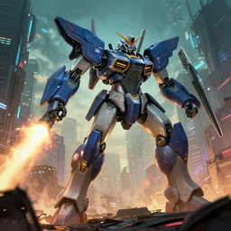 a giant mech is shooting over the cyberpunk city