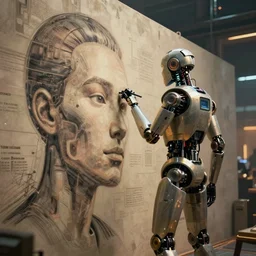 a stunning ultra detailed fantasy fine art photo of a'robot from ex machina movie'drawing a human face a wall, by tom bagshaw, wlop and artgerm, wide angle, golden ratio composition, deep depth of field, cyberpunk, soft lighting, artstation, 8 k