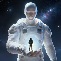super detailed photorealistic digital art, film still of a light form of human giant holding a tiny man in front of him in his hand, a universe from'lost in space ( 2 0 1 8 )'on background, frontal worm view, long shot, wide shot width 5 1 2 - - height 7 6 8 - - steps 4 - - cfg _ scale 5