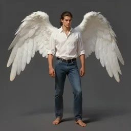 handsome male angel, Middle-Western ethnicity. Clean-shaven, hair in a ponytail. Shirt, jeans and barefoot. Distant full-body view. Digital painting, concept art, smooth, sharp focus, illustration, by Ruan Jia and Mandy Jurgens and Artgerm and William-Adolphe Bouguereau