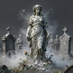 portrait of gothic cemetery statue breaking apart, made of mist, made of flowers, Andrew Ferez, Charlie Bowater, Marco Mazzoni, Seb McKinnon, Ryohei Hase, Alberto Seveso, Kim Keever, trending on cgsociety, featured on zbrush central, new sculpture, mystical