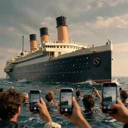 the titanic is sinking vertical, many people with smartphones are swimming in the foreground, smartphones show the titanic, photo realistic, by james cameron in the movie titanic