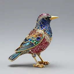 colorful, detailed jewel figurine depicting a stylized starling, made by faberge. macro photography.