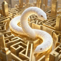 white worm energy creature snaking through labyrinth cityscape. emissive and volumetric lighting. brass colors. artstation deviantart 3 8 4 0 2 1 6 0
