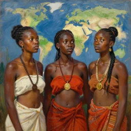 three Zulu princesses close to each other, wondering about future of the world, oil painting, by Fernanda Suarez and and Edgar Maxence and greg rutkowski