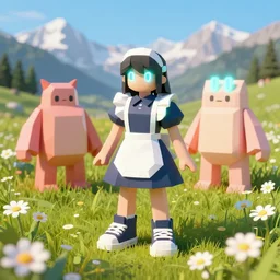lowpoly ps 1 playstation 1 9 9 9 glowing neon anthropomorphic behemoths serperior maid standing in a field of daisies wearing converse shoes, swiss alps in the distance digital illustration by ruan jia on artstation